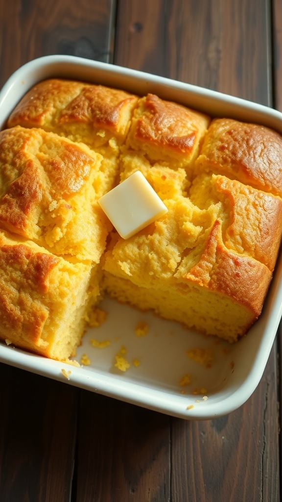 Simple Homemade Cornbread Recipe Freshly baked cornbread squares in a dish, golden brown with melting butter on top.